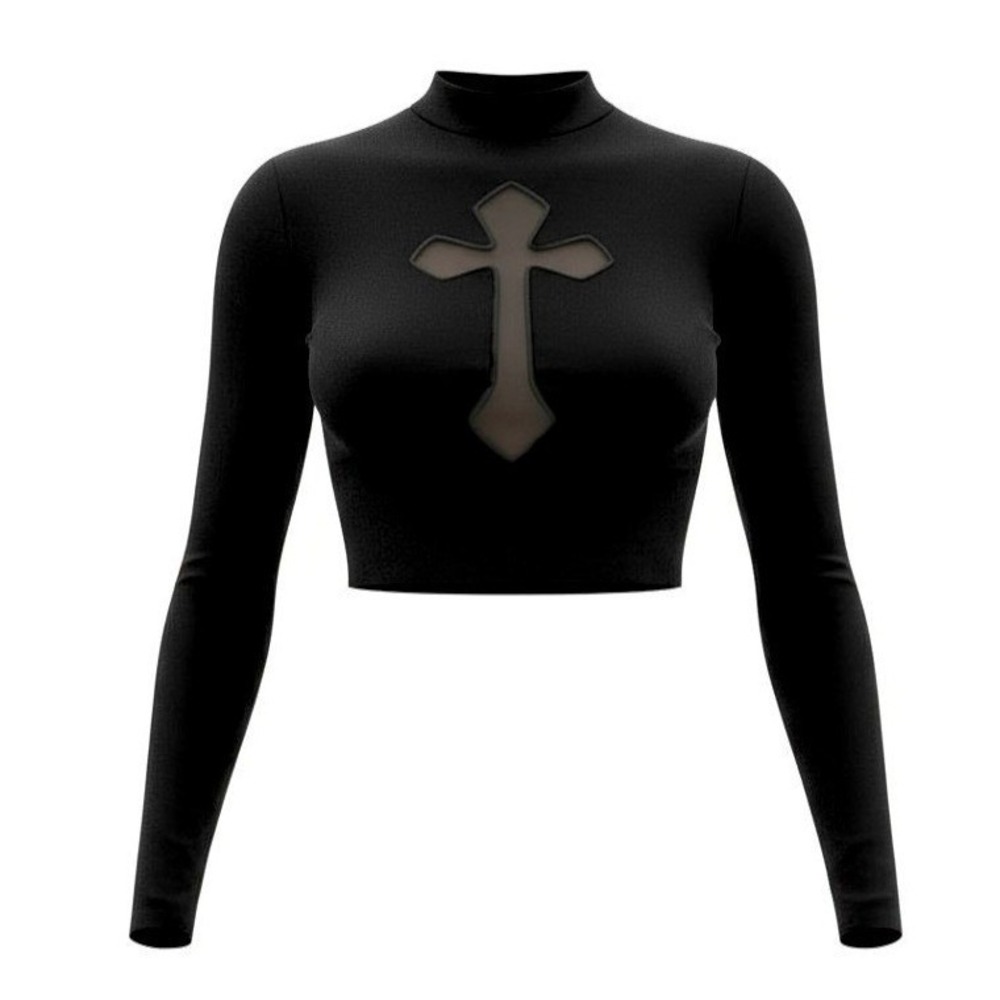 New Medium Cotton Mesh‎ Cross Gothic Black Mock Neck Long Sleeve Crop Top